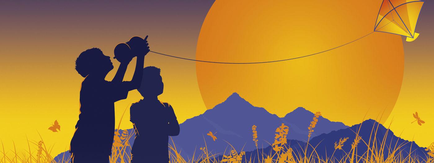 A silhouette of two young boys flying a kite, a large yellow moon and the silhouette of a mountain sits behind them