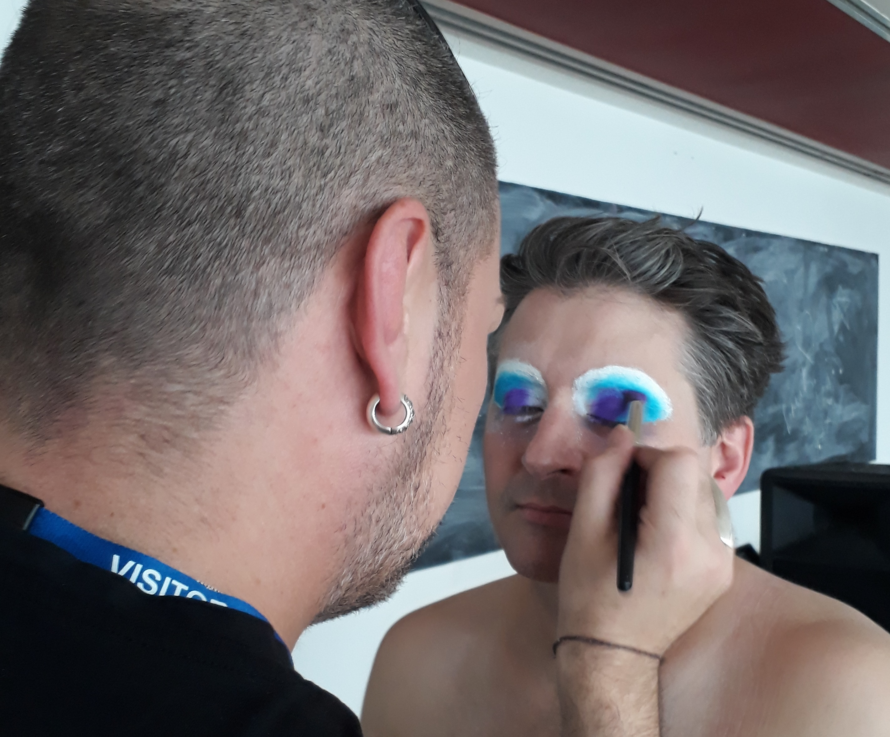 Ricky putting make-up on the Panto Dame