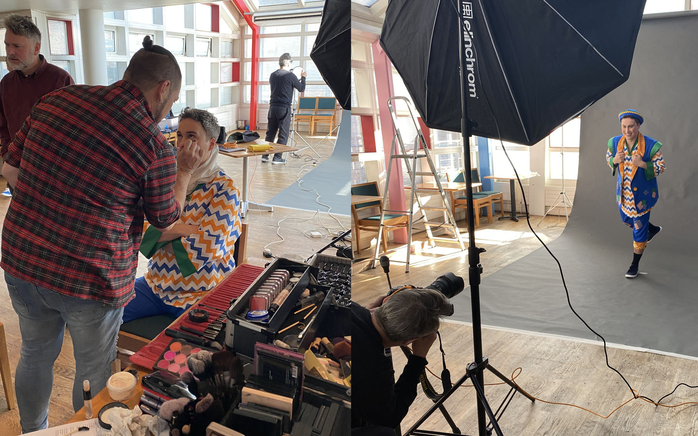 Isaac Stanmore having his make-up done, and posing for photos