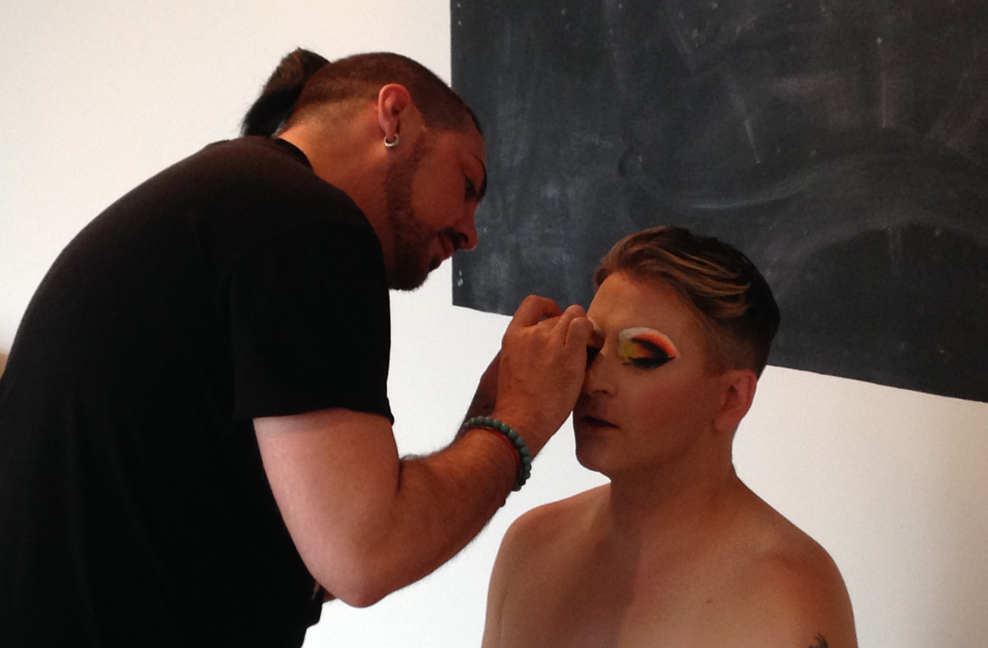 Make-up artist Ricky getting our Dame Matt Crosby ready for photographs