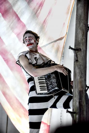 Man dressed as a clown with musical instrument