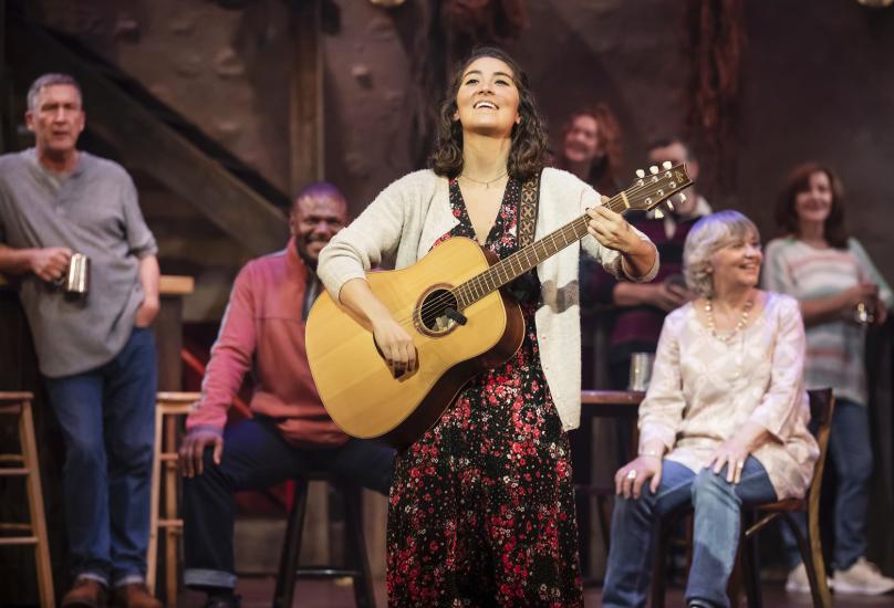 A woman with shoulder length hair plays the guitar while the company watch on. 