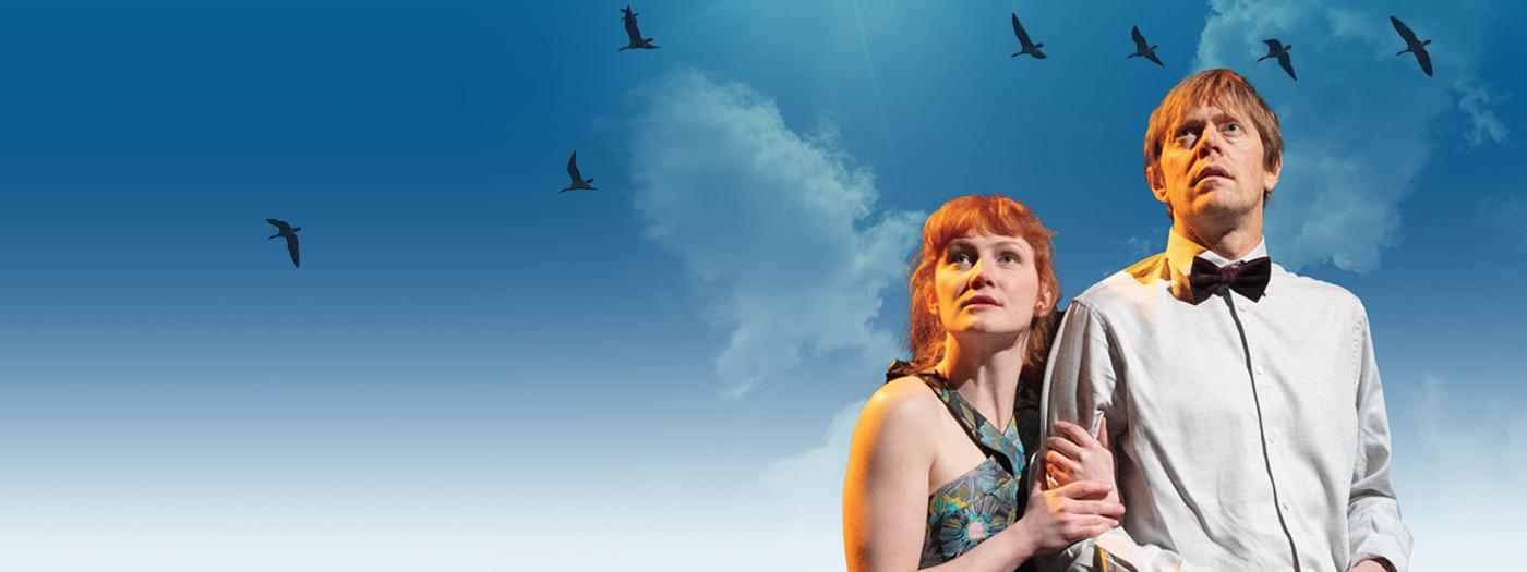 A man and a woman in formal wear look up towards the sky, with a blue background and birds in the sky