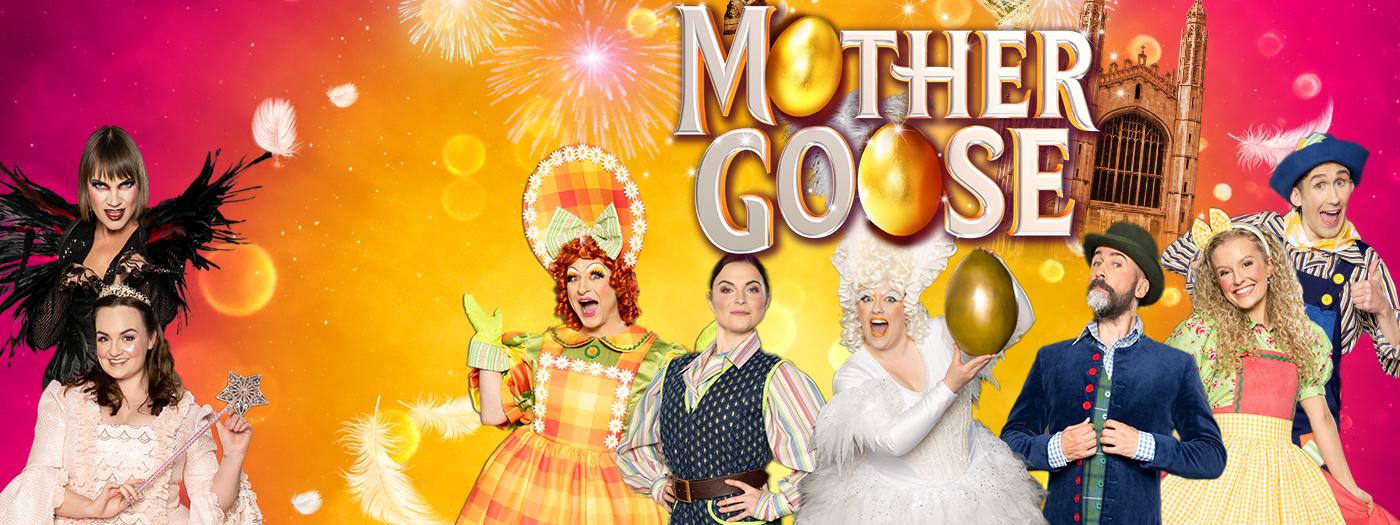 The cast surround the Mother Goose title with King's College in the background