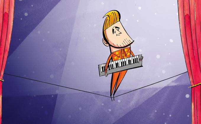A cartoon version of Gary Barlow holds a keyboard whilst balancing on a tightrope