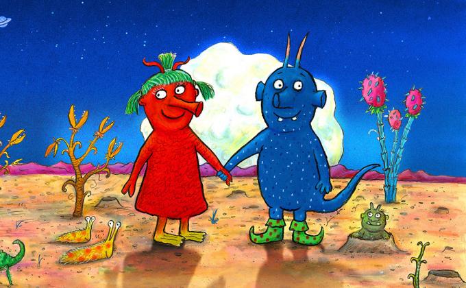 Red and blue alien creatures hold hands on a planet next to a blue spaceship