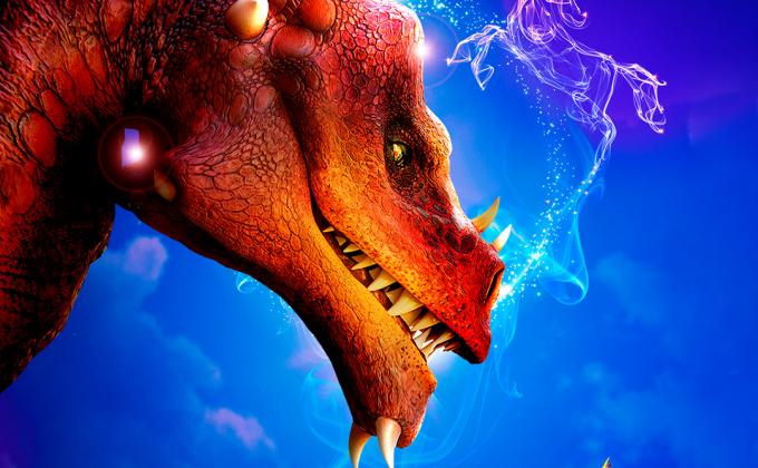 A large dragron with orange and yellow/red scales, sparkle is coming from his nose