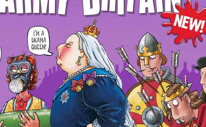 A cartoon of Queen Victoria wearing a small crown surrounded by romans and vikings and someone in a gas mask