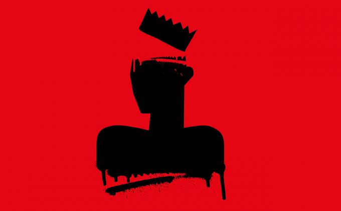 A black figure sits against a blood red background, wearing a wonky crown