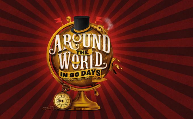 A gold globe on a red stripy background, there is also a top hat and as stopwatch