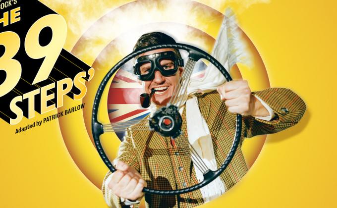 The 39 Steps logo with a man holding a wheel of a car, he wears goggles and a scarf