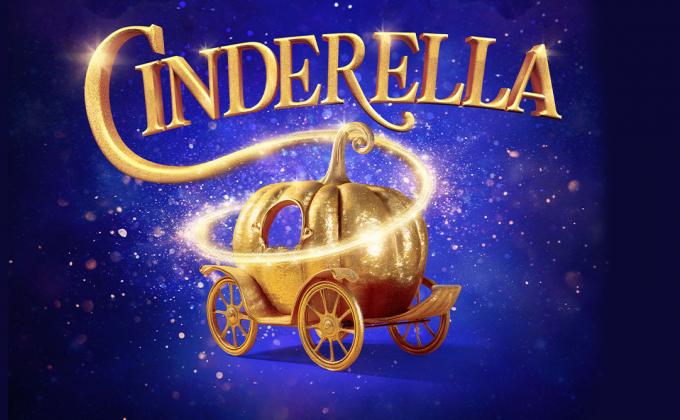 A gold glittering carriage with sparkle and the title CINDERELLA above it