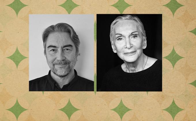 A patterned 1950s background with two headshots of Nathaniel Parker and Sian Phillips