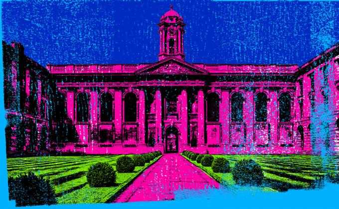 Oxford college image in fluroscent colours pink, blue and green