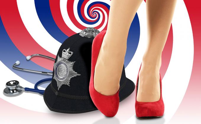 Two red-heeled feet stand in front of a policemen's helmet 