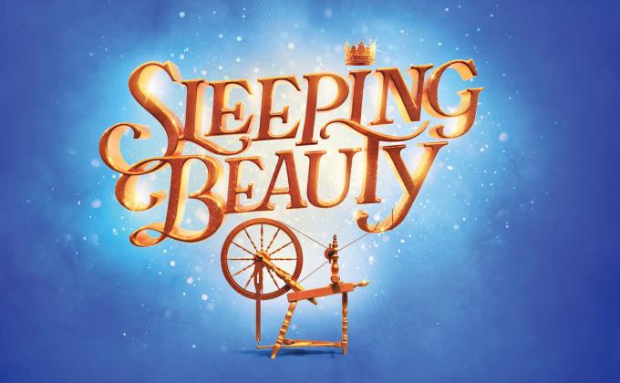 Sleeping Beauty written in a shining gold, a spinning wheel sits underneath the letters