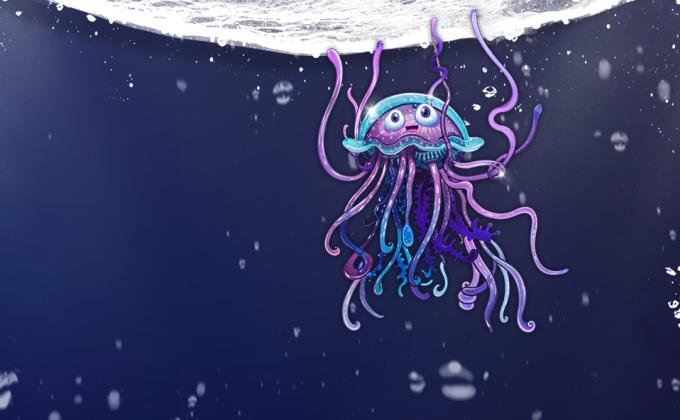 A purple and blue cartoon jellyfish underwater