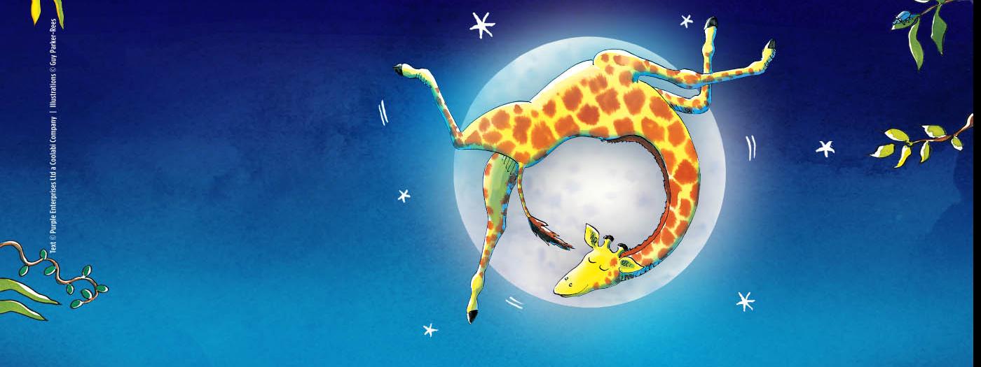 A giraffe dances in front of a moon, leaf branches creep out from the sides of the image