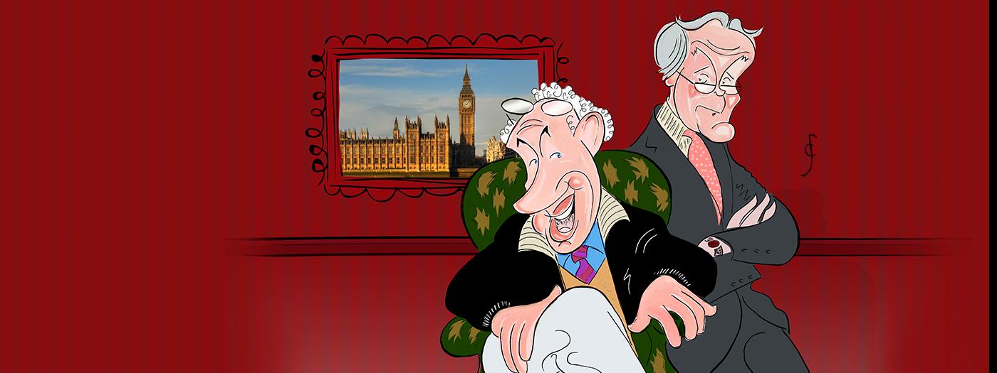 Caricature sketch of Simon Callow and Clive Francis as their characters. There is a portrait of Westminster on the wall. 