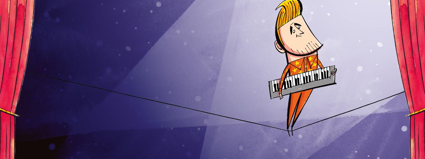 A cartoon version of Gary Barlow holds a keyboard whilst balancing on a tightrope