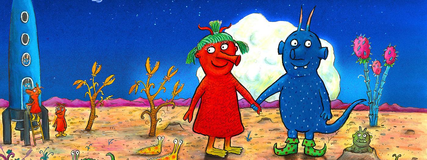 Red and blue alien creatures hold hands on a planet next to a blue spaceship