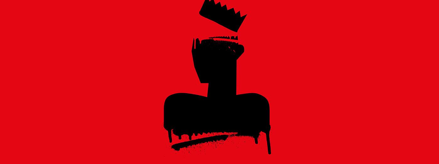 A black figure sits against a blood red background, wearing a wonky crown