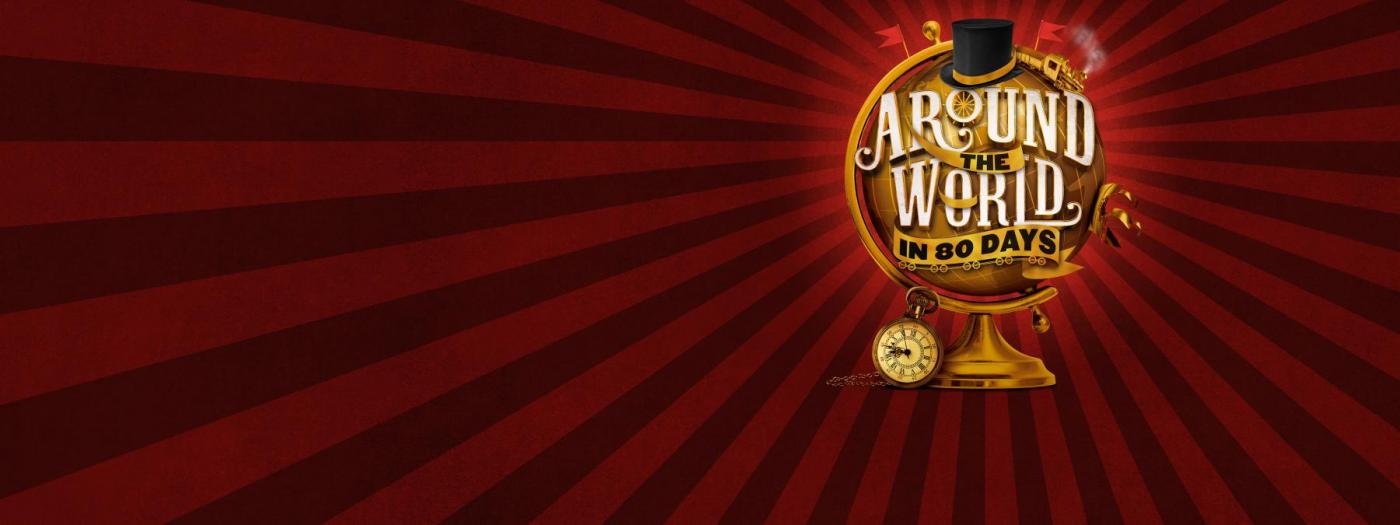 A gold globe on a red stripy background, there is also a top hat and as stopwatch