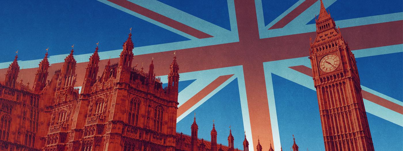 Big Ben and the Houses of Parliament against a Union Jack sky
