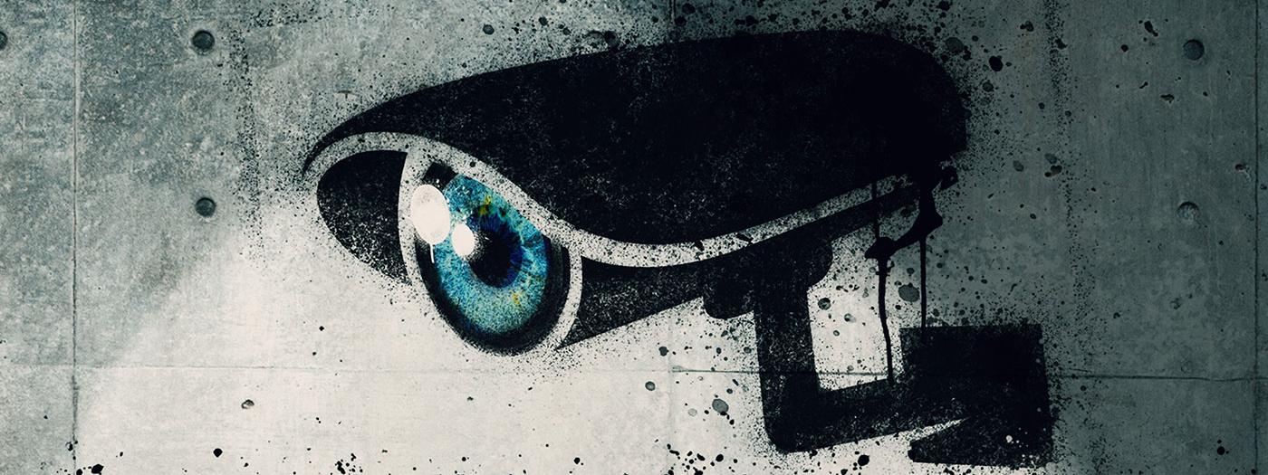 Graffiti-style image of a security camera with a human eye for the lens