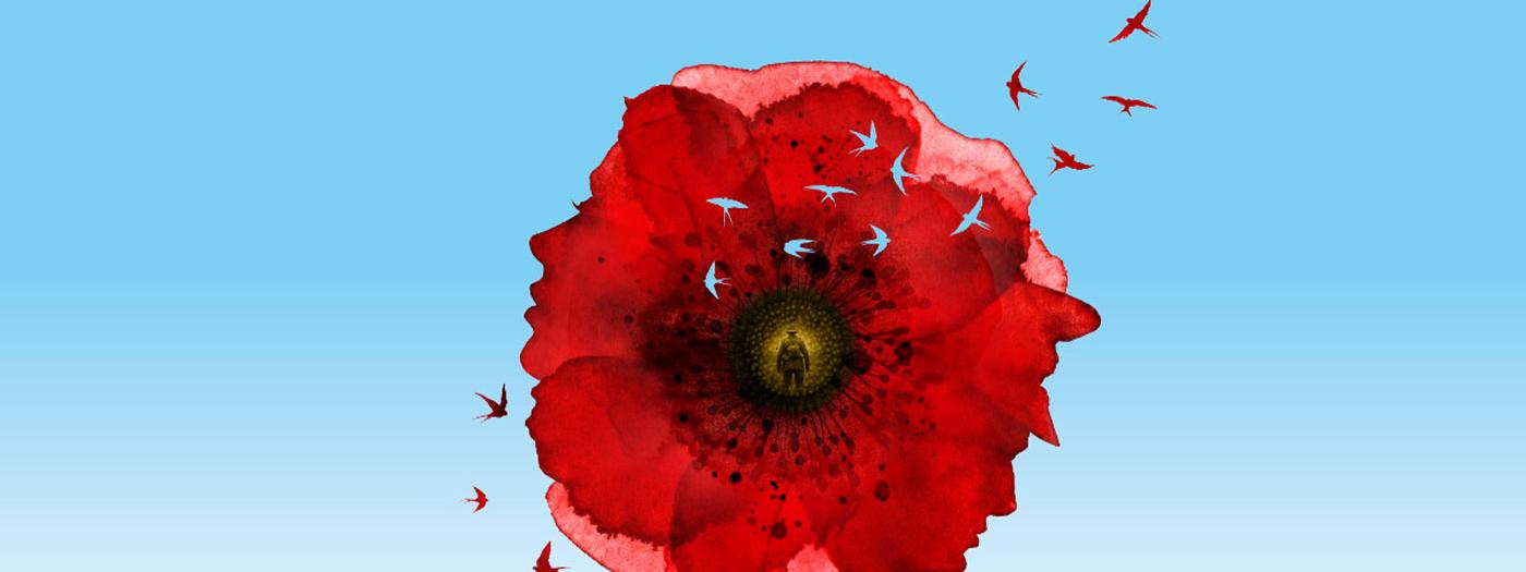 An image of a poppy with birds flying around, a man in military uniform is in the centre of the poppy