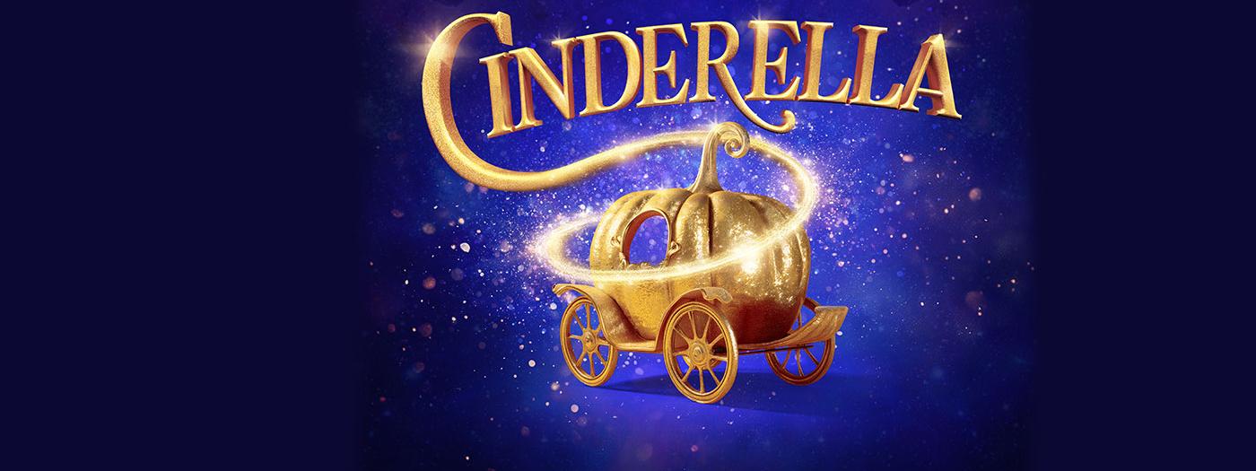 A gold glittering carriage with sparkle and the title CINDERELLA above it