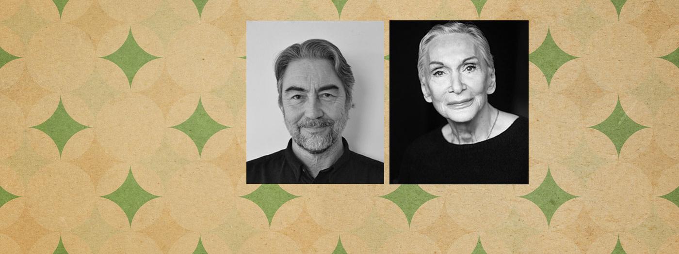 A patterned 1950s background with two headshots of Nathaniel Parker and Sian Phillips