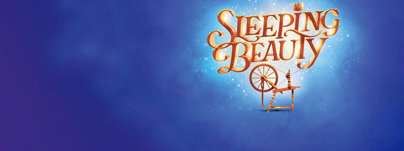 Sleeping Beauty written in a shining gold, a spinning wheel sits underneath the letters