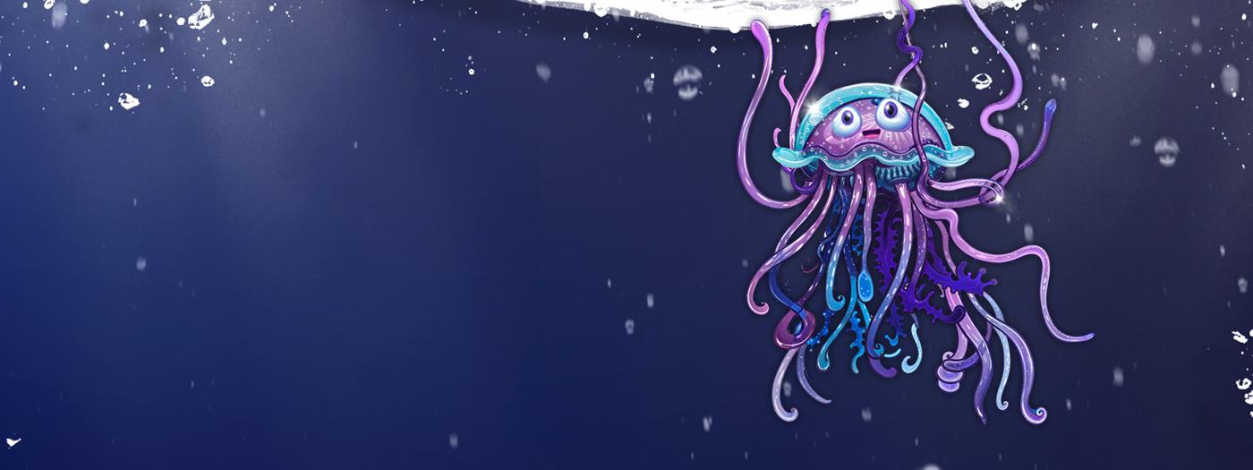 A purple and blue cartoon jellyfish underwater