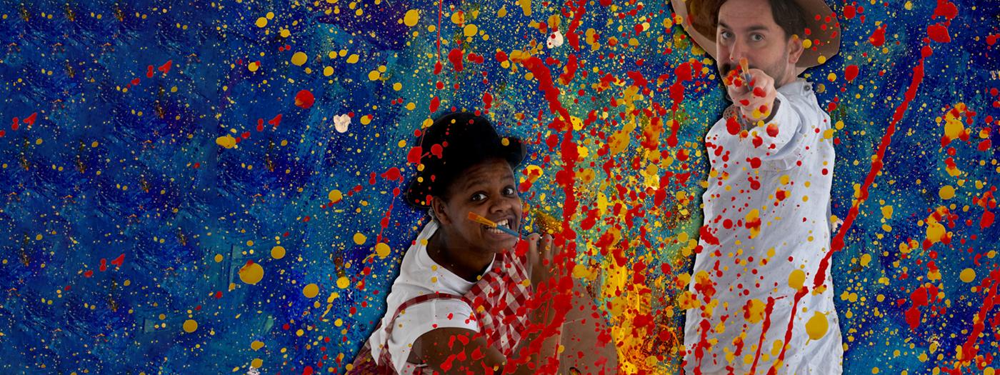 Two people holding paintbrushes with multicoloured paint splashes
