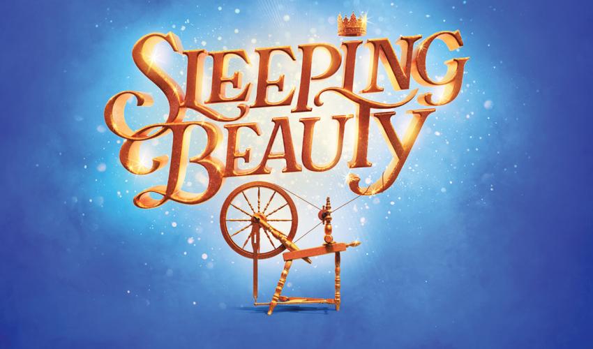 Gold lettering of Sleeping Beauty with a gold spinning wheel underneath