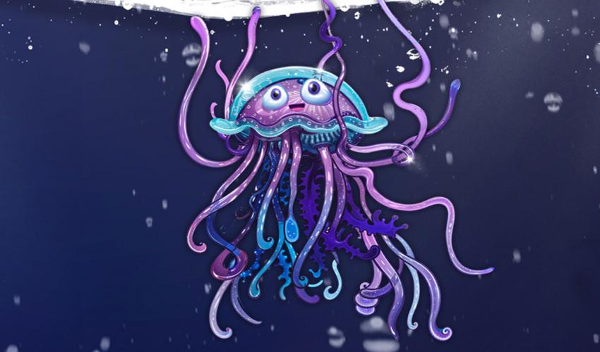 A purple jellyfish floats under a moon
